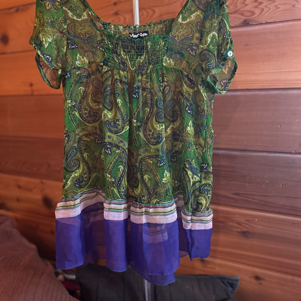 Flowey Planet Golo , green & purple, sheer, large blouse